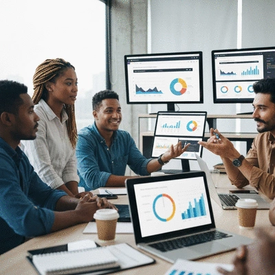 Team of web developers collaborating on content migration strategy, with charts and data on screens