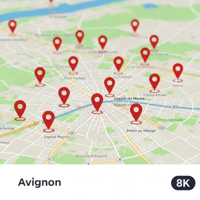Carte stylisée d'Avignon avec des icônes de localisation, symbolisant le SEO local et la visibilité des entreprises, no text, no words, no typography, clean image