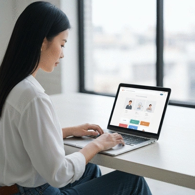 Person using a laptop to design a website, showcasing web design principles with a clean, modern interface