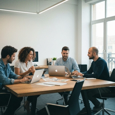 Web design agency team collaborating on a digital project in a modern Avignon office
