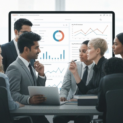 Diverse business team analyzing website analytics on a large screen, showing data and charts, representing website optimization and performance tracking, no text, no words, no typography, no labels, clean image