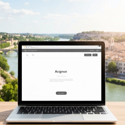 Modern website interface on a laptop screen with Avignon city background, no text, no words, no typography, clean image
