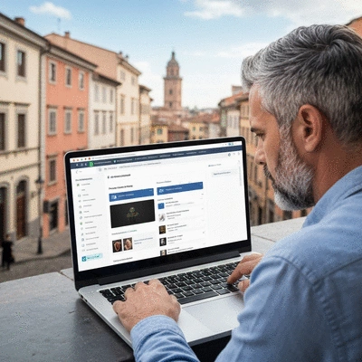 Person using a laptop with WordPress dashboard for e-commerce, Avignon city view in background, no text, no words, no typography, clean image