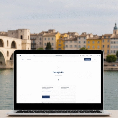 Modern website interface on a laptop screen with Avignon in the background