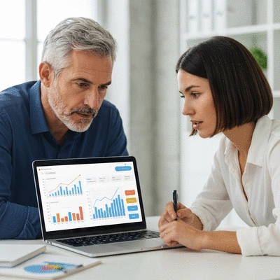 Entrepreneurs discutant d'un écran d'ordinateur portable avec des graphiques de croissance