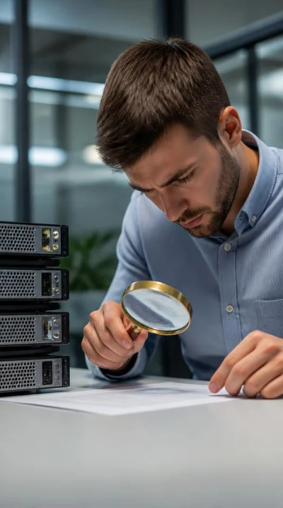 Person reviewing a web hosting contract with a magnifying glass, clean and professional setting