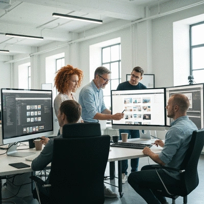 Team of web developers collaborating on a custom e-commerce project in an office setting
