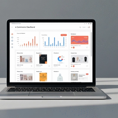 E-commerce dashboard on a laptop with charts and product listings, clean image