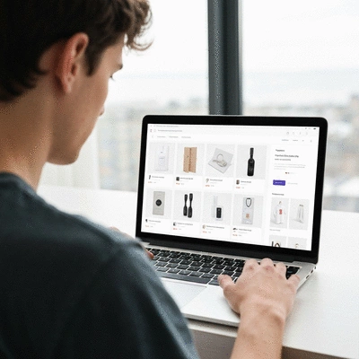 Person using a laptop to browse an e-commerce website, showing a modern and clean interface