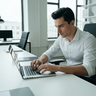 Web designer working on a custom website design on a computer, showcasing creativity and precision