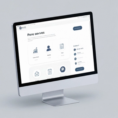 Modern website design on a desktop computer screen, showing a business's services and contact information, clean office background, no text, no words, no typography
