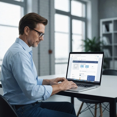 Person using a laptop to plan a website redesign, showing a WordPress interface on screen, clean image, no text, no words, no typography