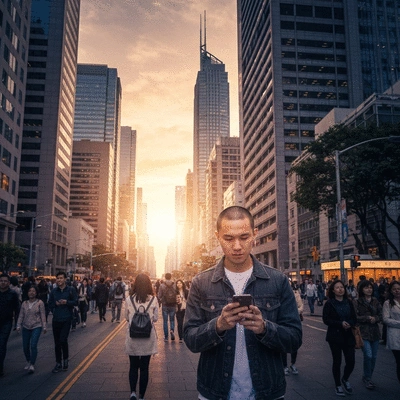 Personne utilisant un smartphone avec des icônes de réseaux sociaux flottantes