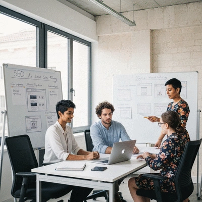 Modern office space in Avignon with a team collaborating on digital marketing strategy