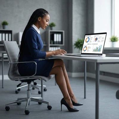 Woman typing on a laptop with charts and graphs on the screen, indicating SEO optimization