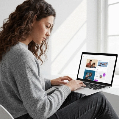 Person working on a laptop with a personalized website displayed, showing dynamic content tailored to user preferences, clean image, no text, no words, no typography