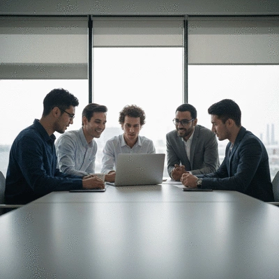 Un groupe de personnes de diverses nationalités collaborant autour d'un ordinateur portable, symbolisant la collaboration internationale et l'expertise locale.