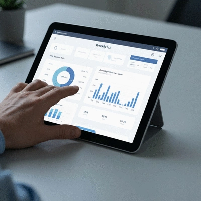 Hands working on a tablet with website analytics charts, showing traffic preservation