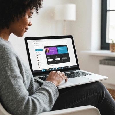 Person using a laptop with WordPress dashboard on screen, blurred Avignon background