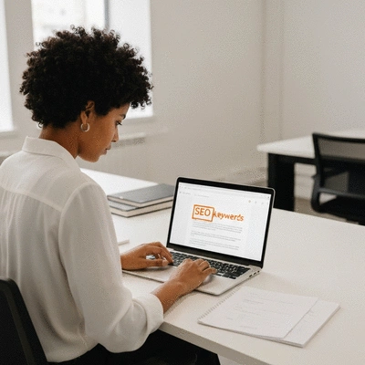 Person creating engaging content for a website on a laptop, with SEO keywords highlighted, in a modern office setting, no text, no words, no typography, no labels, clean image