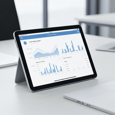 Tablette affichant une interface d'analyse de réseaux sociaux avec graphiques