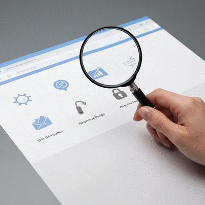 Main tenant une loupe au-dessus d'une page web avec des icônes d'optimisation SEO, de design adaptatif et de sécurité