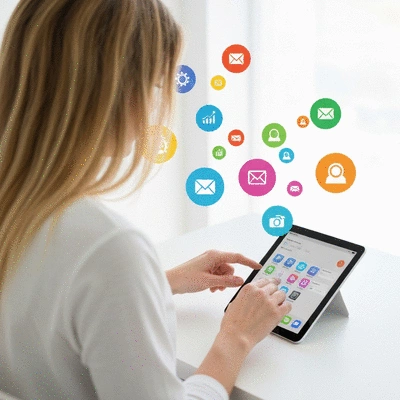 Personne utilisant une tablette avec des icônes de stratégie numérique