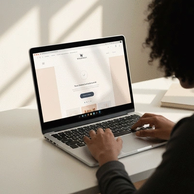 Person using a laptop with a WordPress website on screen, showing good design and user experience, no text, no words, no typography, clean image.