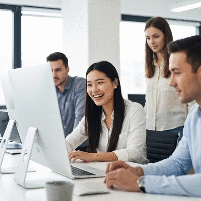 Modern web agency office setting with a team collaborating on a digital project, clean and professional look