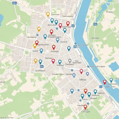 Stylized map of Avignon with local business markers, emphasizing local search results, clean and modern graphic design, no text, no words, no typography, no labels, clean image