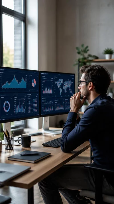 Un entrepreneur analyse des données sur un tableau de bord numérique, illustrant l'optimisation SEO.