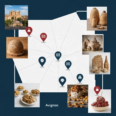 A map of Avignon with e-commerce icons and local product imagery, symbolizing local market analysis and digital strategy, no text, no words, no typography, clean image