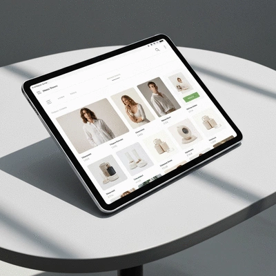 Modern e-commerce interface on a tablet, showcasing intuitive navigation and product displays, no text, no words, no typography, clean image