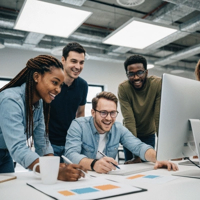Team of web developers collaborating in a modern office space, discussing website design, no text, no words, no typography, clean image