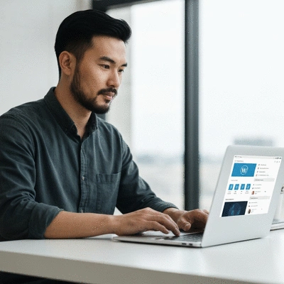 Person using a laptop with WordPress dashboard on screen, representing content management