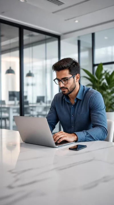 Professional working on laptop, representing online presence and strategy