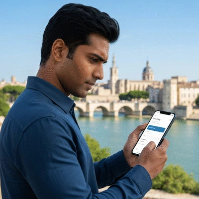 Client using online booking system on a modern smartphone in Avignon