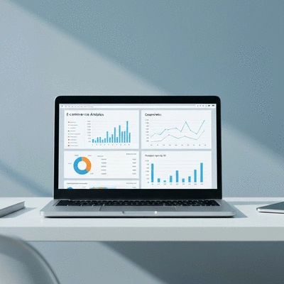 Person using a laptop to manage an online store, with charts and graphs on the screen, representing e-commerce analytics, no text, no words, no typography, clean image