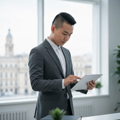 Modern business owner managing online bookings on a tablet with a city background