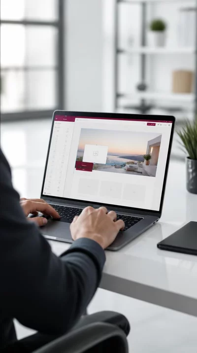 Person working on a custom WordPress website with a page builder interface on a laptop