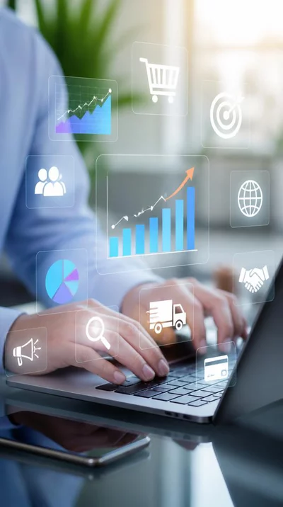 Personne utilisant un ordinateur portable avec des graphiques de données et des icônes de commerce électronique, montrant l'analyse du trafic et l'optimisation des conversions.