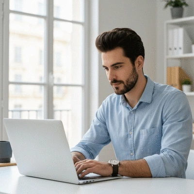 Professional web designer working on a laptop, showcasing web design best practices for business growth in Avignon, clean image, no text, no words, no typography, 8K
