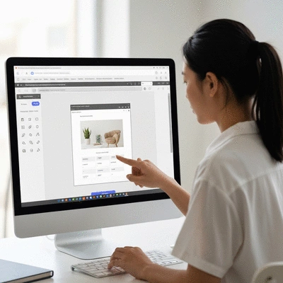 Person customizing an e-commerce website on a desktop computer, clean image