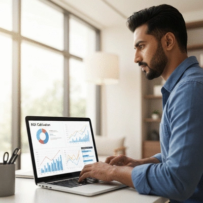 Person analyzing data on a laptop screen with graphs and charts, representing ROI calculation