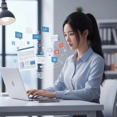 Personne utilisant un ordinateur portable pour créer un site web, avec des icônes de design et de code flottant