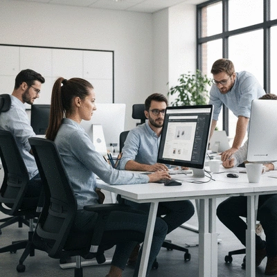 Équipe de développeurs web effectuant la maintenance et le suivi d'un site internet, no text, no words, no typography, clean image