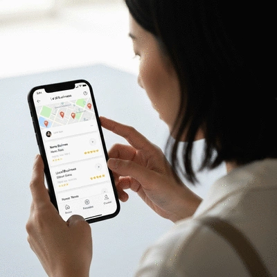 Person using a smartphone to search for local businesses, with a map and business listings visible, clean, modern, no text, no words, no typography, no labels, clean image