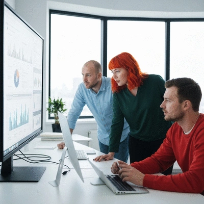 Team of web developers analyzing UX data on a large screen, showing collaboration and data-driven design, no text, no words, no typography, no labels, clean image