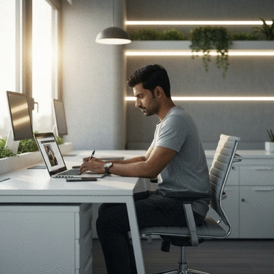 Person using a laptop to design a website, showcasing local collaboration