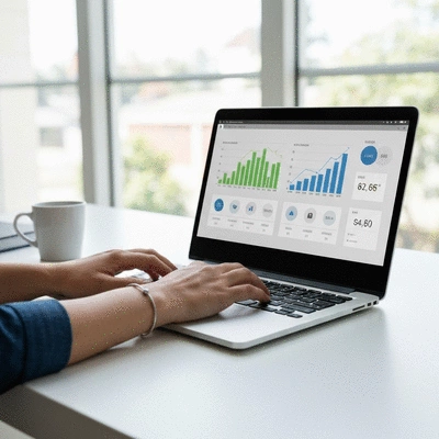 Close-up of hands typing on a laptop keyboard with website performance metrics on screen, representing website optimization efforts